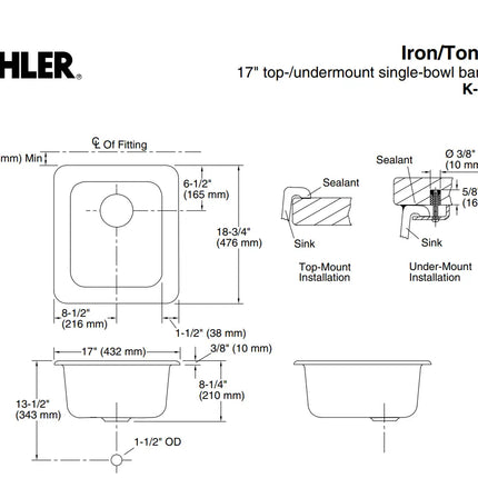 Kohler Iron/Tones 17 Inch Top-/Undermount Single Bowl Bar Sink - Plumbing Market