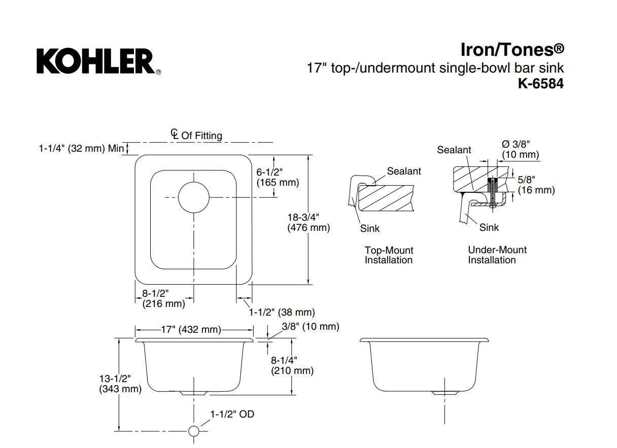 Kohler Iron/Tones 17 Inch Top-/Undermount Single Bowl Bar Sink - Plumbing Market
