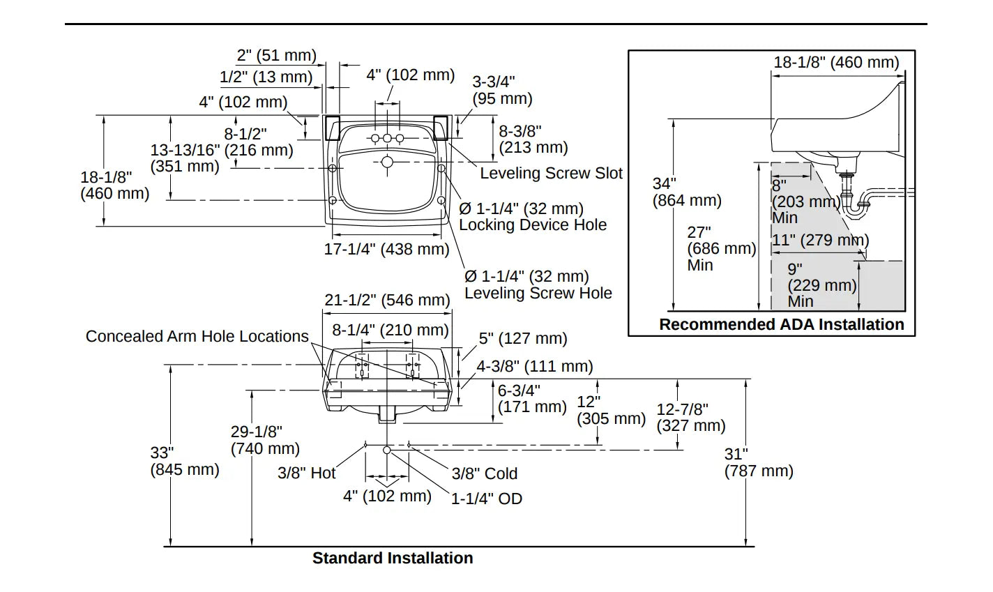 Kohler Kingston 21-1/4" x 18-1/8" wall-mount/concealed arm carrier bathroom sink with 4" centerset faucet holes black - Plumbing Market