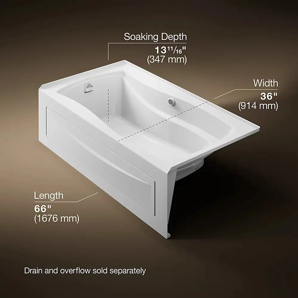 Kohler Mariposa 66" x 36" alcove Heated BubbleMassage air bath with Bask heated surface, left drain White - Plumbing Market
