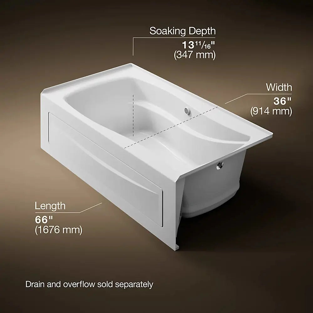 Kohler Mariposa 66" x 36" alcove Heated BubbleMassage air bath with Bask heated surface, right drain White - Plumbing Market