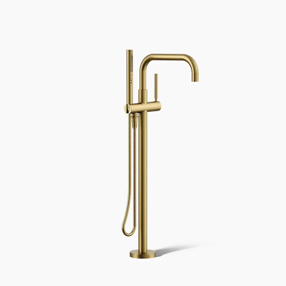 Kohler Purist Floor-mount bath filler trim with handshower brushed moderne brass - Plumbing Market
