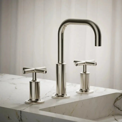 Kohler Purist Widespread bathroom sink faucet with Cross handles, 1.2 gpm K-14406-3-SN - Plumbing Market