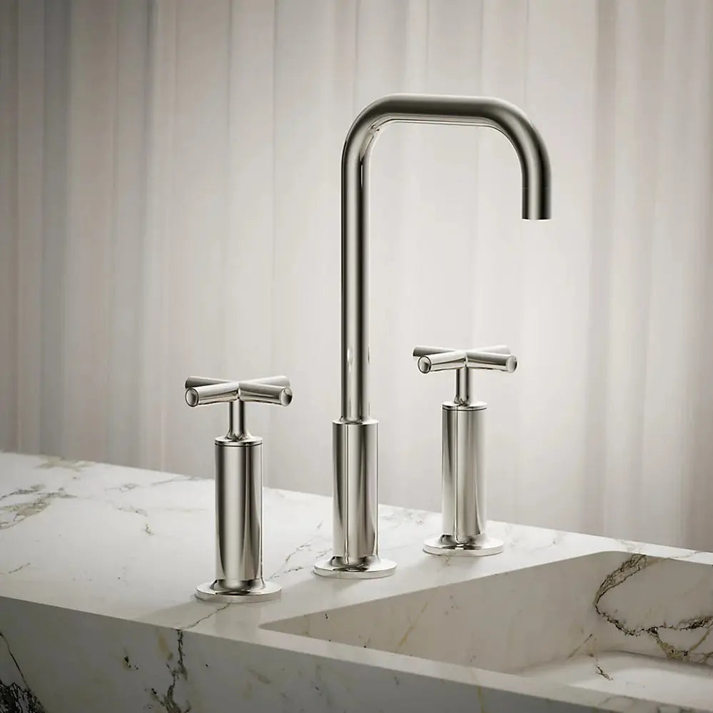 Kohler Purist Widespread bathroom sink faucet with Cross handles, 1.2 gpm K-14408-3-SN - Plumbing Market