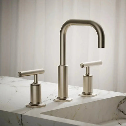 Kohler Purist Widespread bathroom sink faucet with Lever handles, 1.2 gpm K-14406-4-BN - Plumbing Market