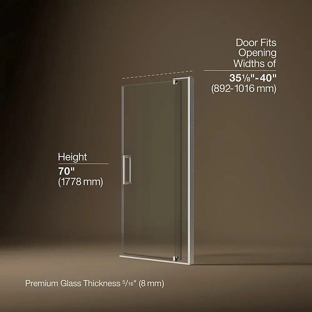 Kohler Revel Pivot shower door, 70" H x 39-1/8 - 44" W, with 5/16" thick Crystal Clear glass dark bronze - Plumbing Market