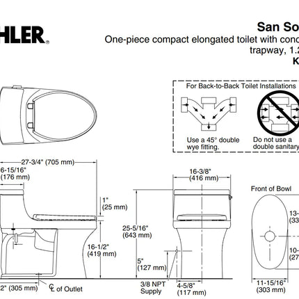 Kohler San Souci One-piece compact elongated toilet with concealed trapway, 1.28 gpf - Plumbing Market