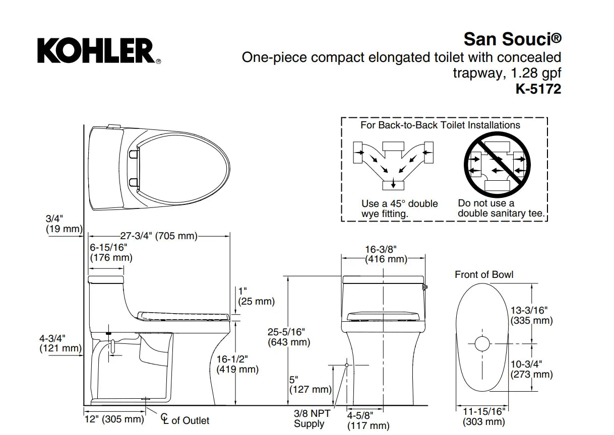 Kohler San Souci One-piece compact elongated toilet with concealed trapway, 1.28 gpf - Plumbing Market