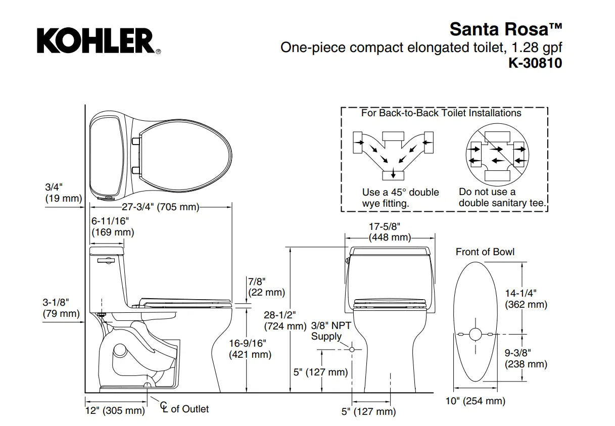Kohler Santa Rosa One-piece compact elongated toilet, 1.28 gpf - Plumbing Market