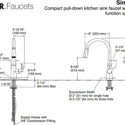 Kohler Simplice Compact Pull Down Kitchen Sink Faucet with Three Function Sprayhead K-597-CP - Plumbing Market