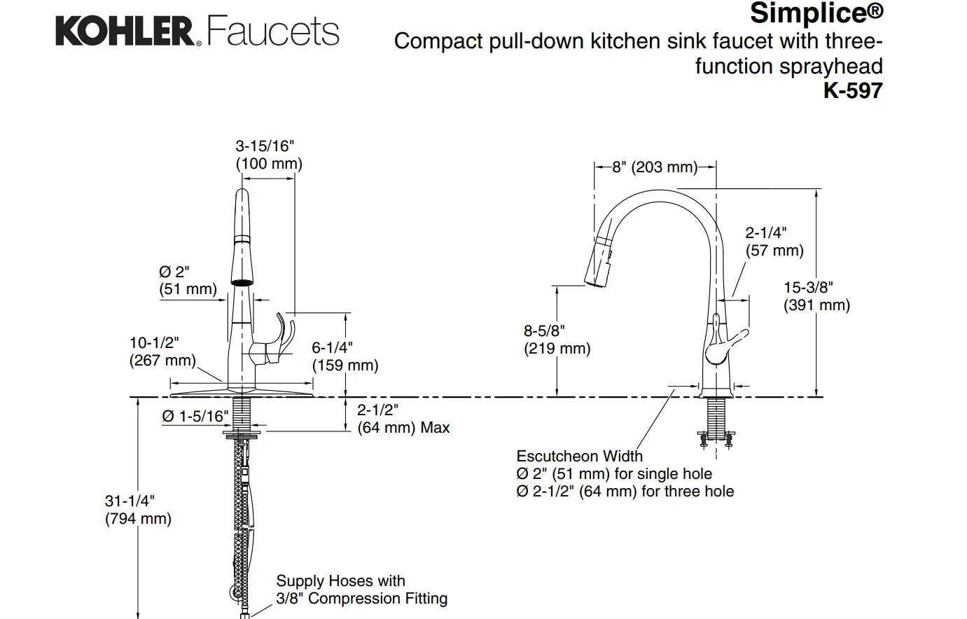 Kohler Simplice Compact Pull Down Kitchen Sink Faucet with Three Function Sprayhead K-597-CP - Plumbing Market