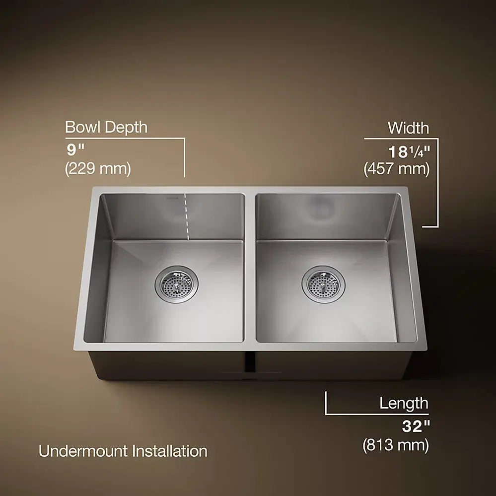 Kohler Strive 32" undermount double-bowl kitchen sink with accessories K-5281-NA - Plumbing Market