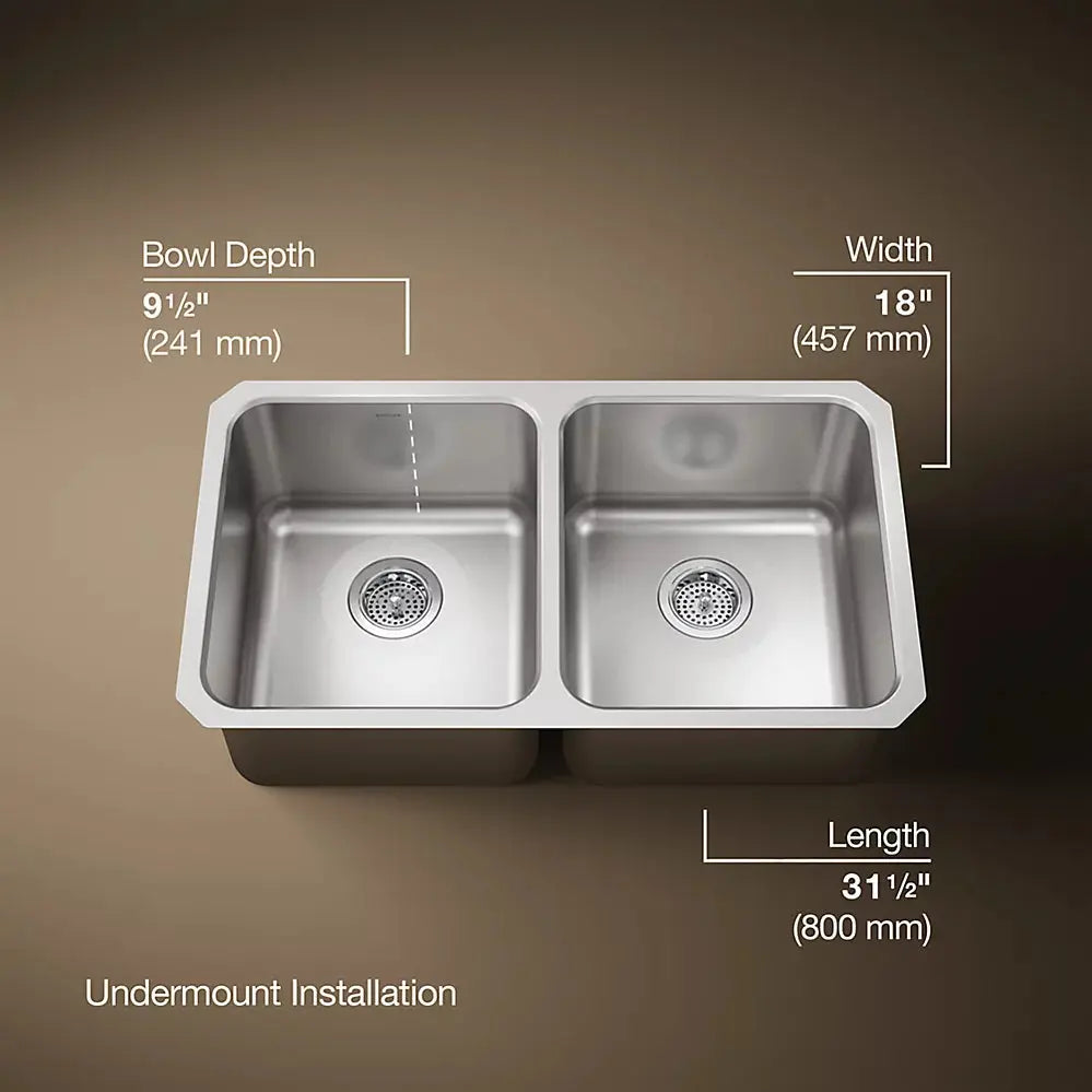 Kohler Undertone 31-1/2" undermount double-bowl kitchen sink K-3171-NA - Plumbing Market