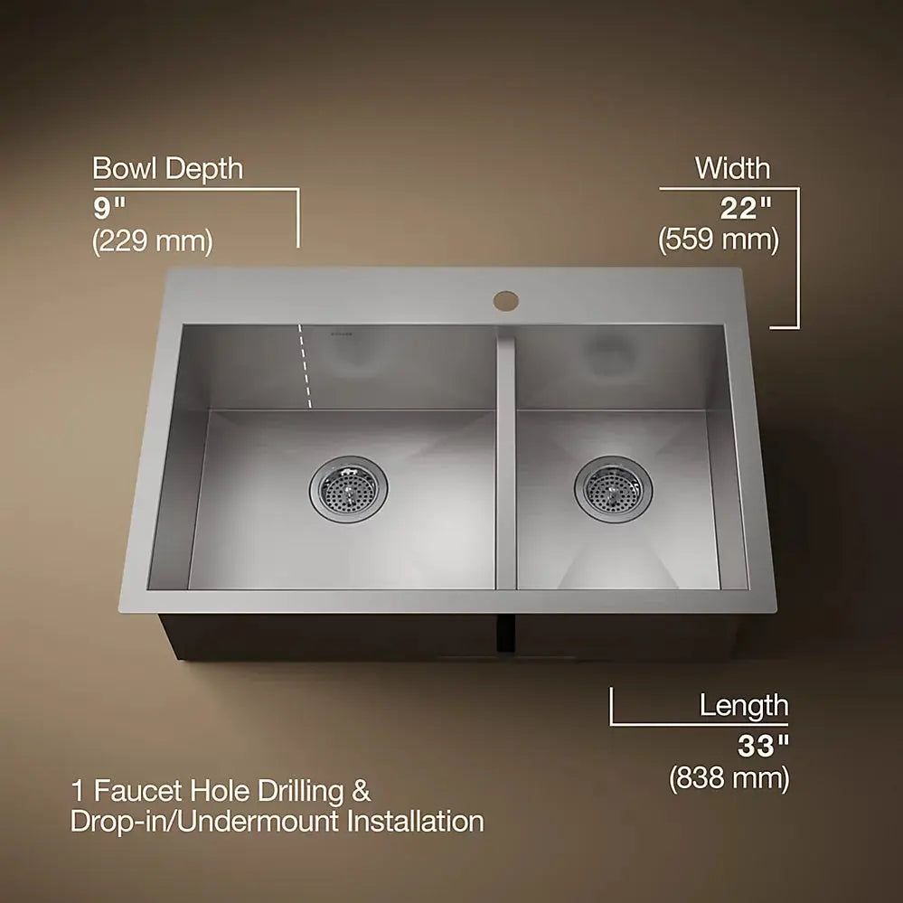 Kohler Vault 33" top-/undermount double-bowl kitchen sink K-3823-1-NA - Plumbing Market