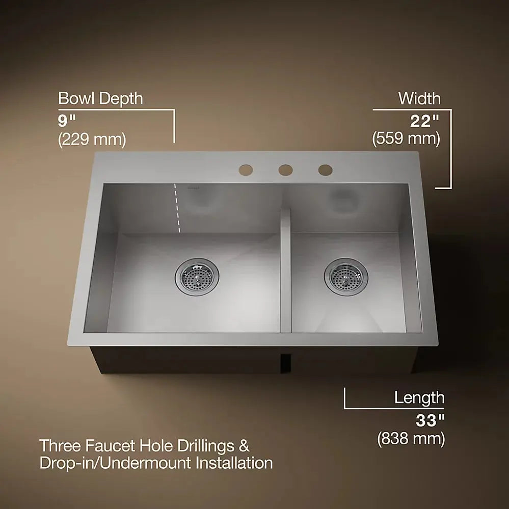 Kohler Vault Smart Divide 33" top-/undermount double-bowl kitchen sink K-3839-3-NA - Plumbing Market