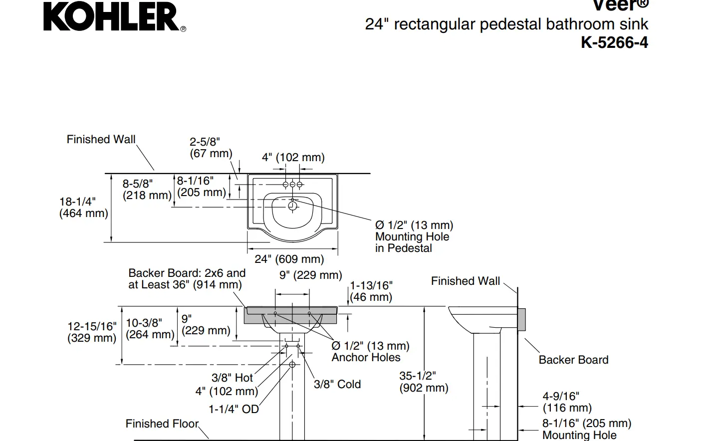 Kohler Veer 24" rectangular pedestal bathroom sink black - Plumbing Market