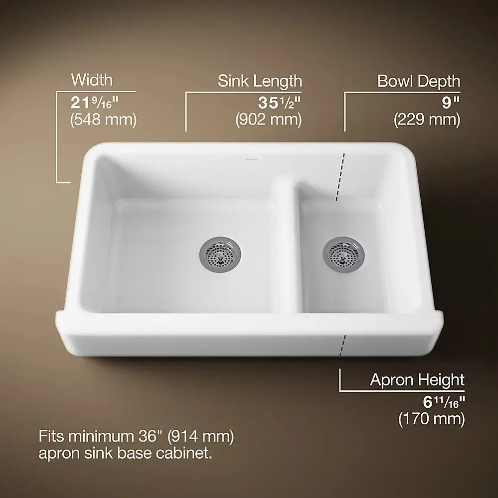Kohler Whitehaven Smart Divide 35-1/2" undermount double-bowl farmhouse kitchen sink with short apron K-6426-0 - Plumbing Market