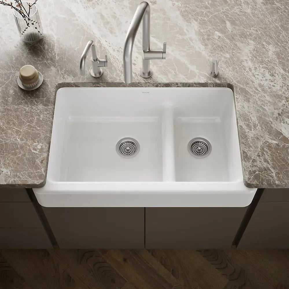 Kohler Whitehaven Smart Divide 35-1/2" undermount double-bowl farmhouse kitchen sink with short apron K-6426-0 - Plumbing Market
