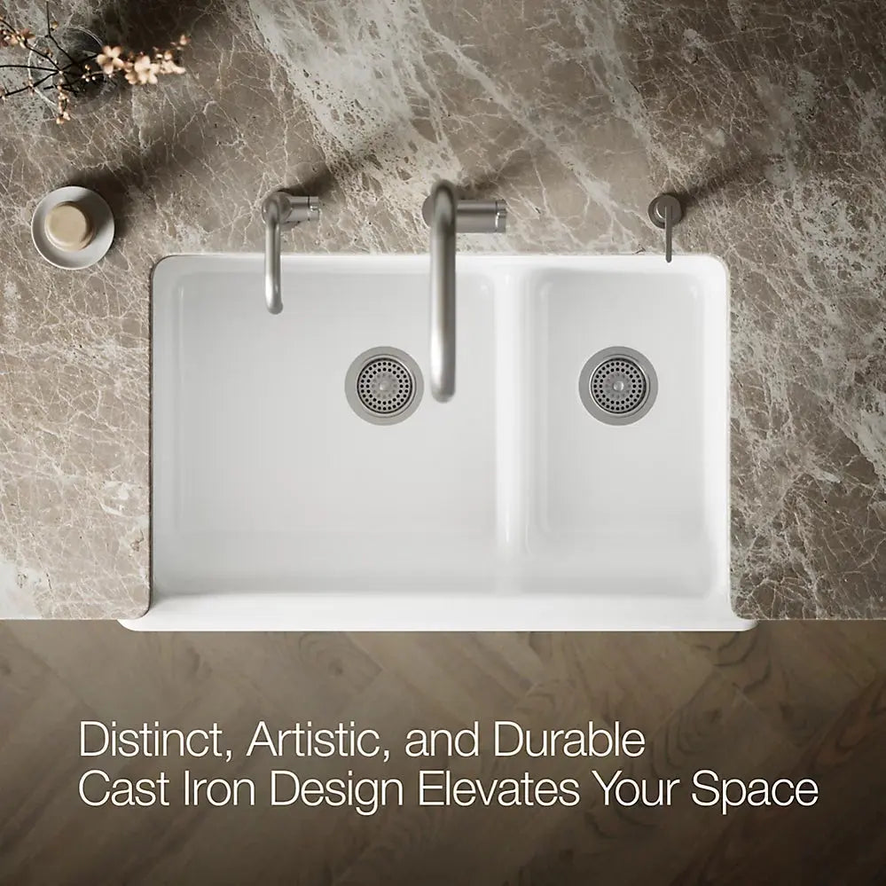 Kohler Whitehaven Smart Divide 35-1/2" undermount double-bowl farmhouse kitchen sink with short apron K-6426-0 - Plumbing Market