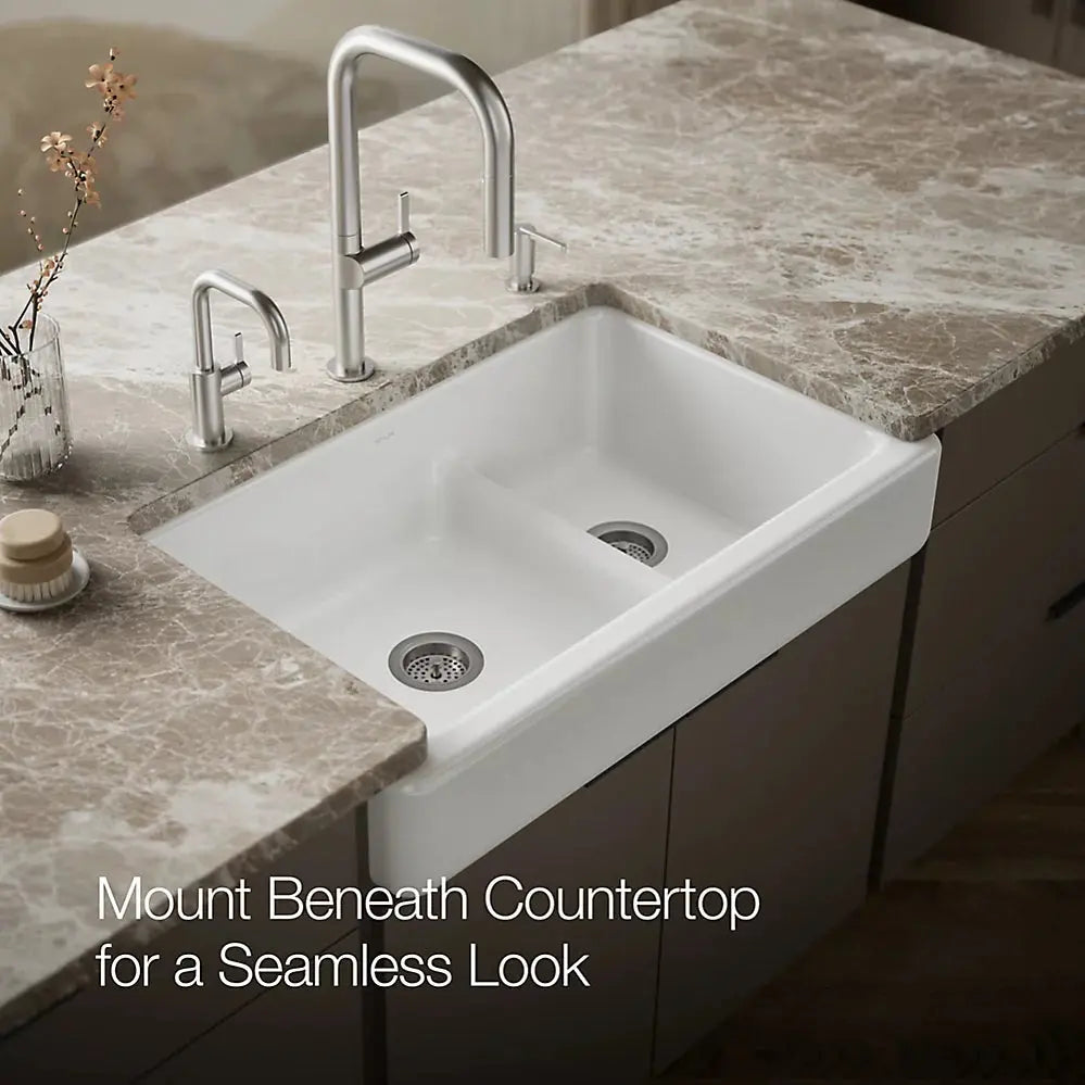 Kohler Whitehaven Smart Divide 35-1/2" undermount double-bowl farmhouse kitchen sink with short apron K-6426-0 - Plumbing Market