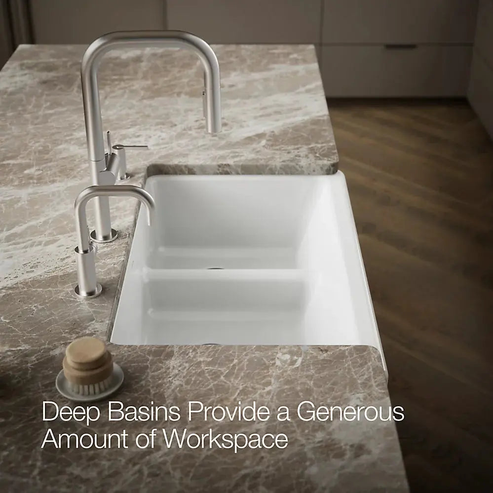 Kohler Whitehaven Smart Divide 35-1/2" undermount double-bowl farmhouse kitchen sink with short apron K-6426-0 - Plumbing Market