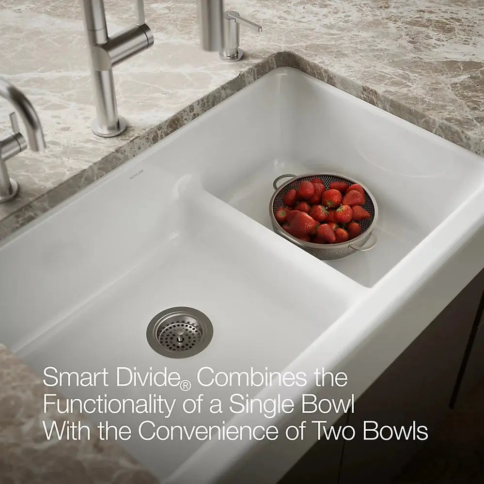 Kohler Whitehaven Smart Divide 35-1/2" undermount double-bowl farmhouse kitchen sink with short apron K-6426-0 - Plumbing Market