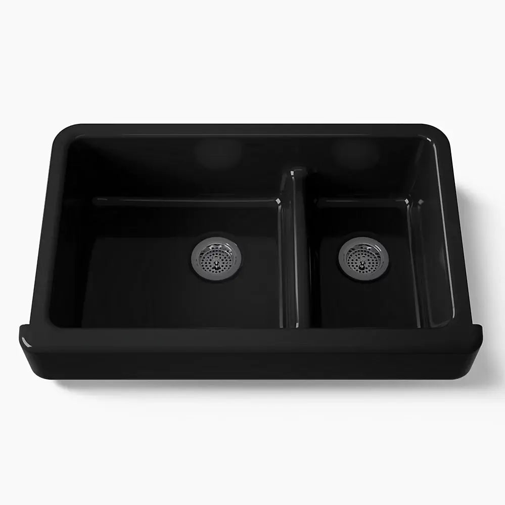 Kohler Whitehaven Smart Divide 35-1/2" undermount double-bowl farmhouse kitchen sink with short apron black - Plumbing Market