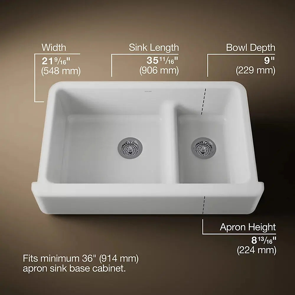 Kohler Whitehaven Smart Divide 35-3/4" undermount double-bowl farmhouse kitchen sink K-6427-0 - Plumbing Market