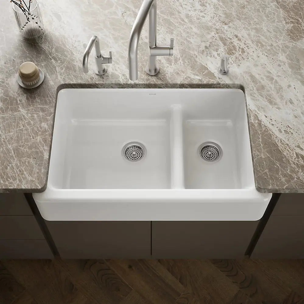 Kohler Whitehaven Smart Divide 35-3/4" undermount double-bowl farmhouse kitchen sink K-6427-0 - Plumbing Market