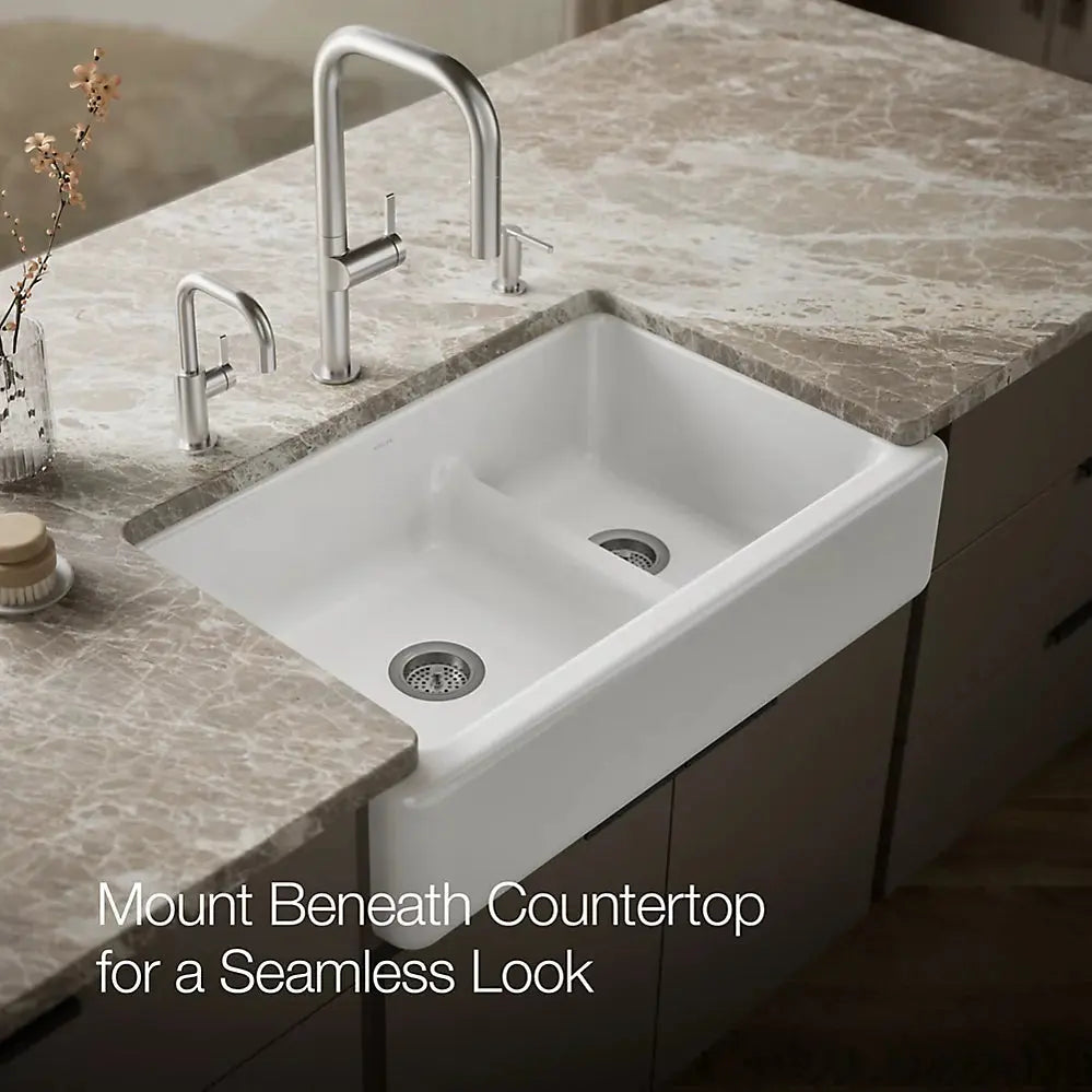 Kohler Whitehaven Smart Divide 35-3/4" undermount double-bowl farmhouse kitchen sink K-6427-0 - Plumbing Market