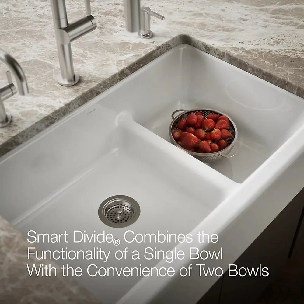 Kohler Whitehaven Smart Divide 35-3/4" undermount double-bowl farmhouse kitchen sink K-6427-0 - Plumbing Market