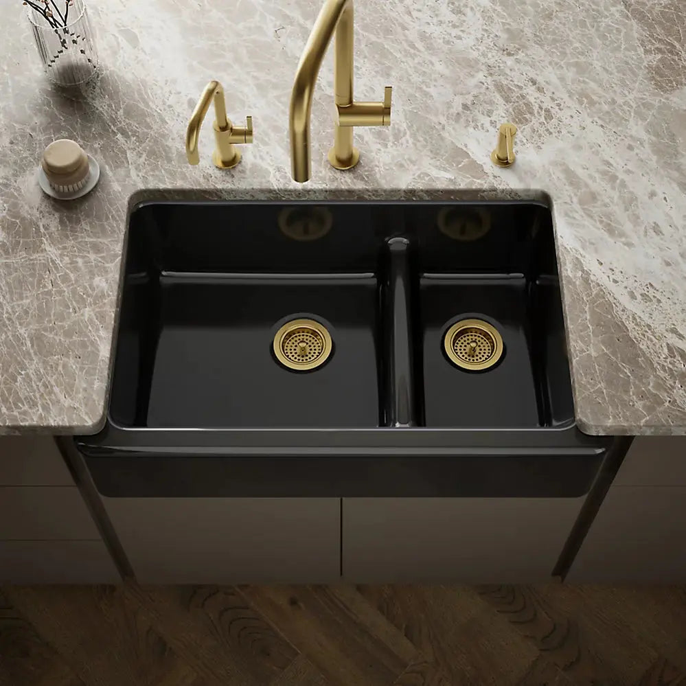 Kohler Whitehaven Smart Divide 35-3/4" undermount double-bowl farmhouse kitchen sink black - Plumbing Market