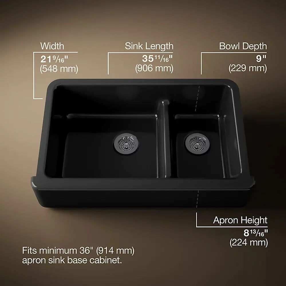 Kohler Whitehaven Smart Divide 35-3/4" undermount double-bowl farmhouse kitchen sink black - Plumbing Market