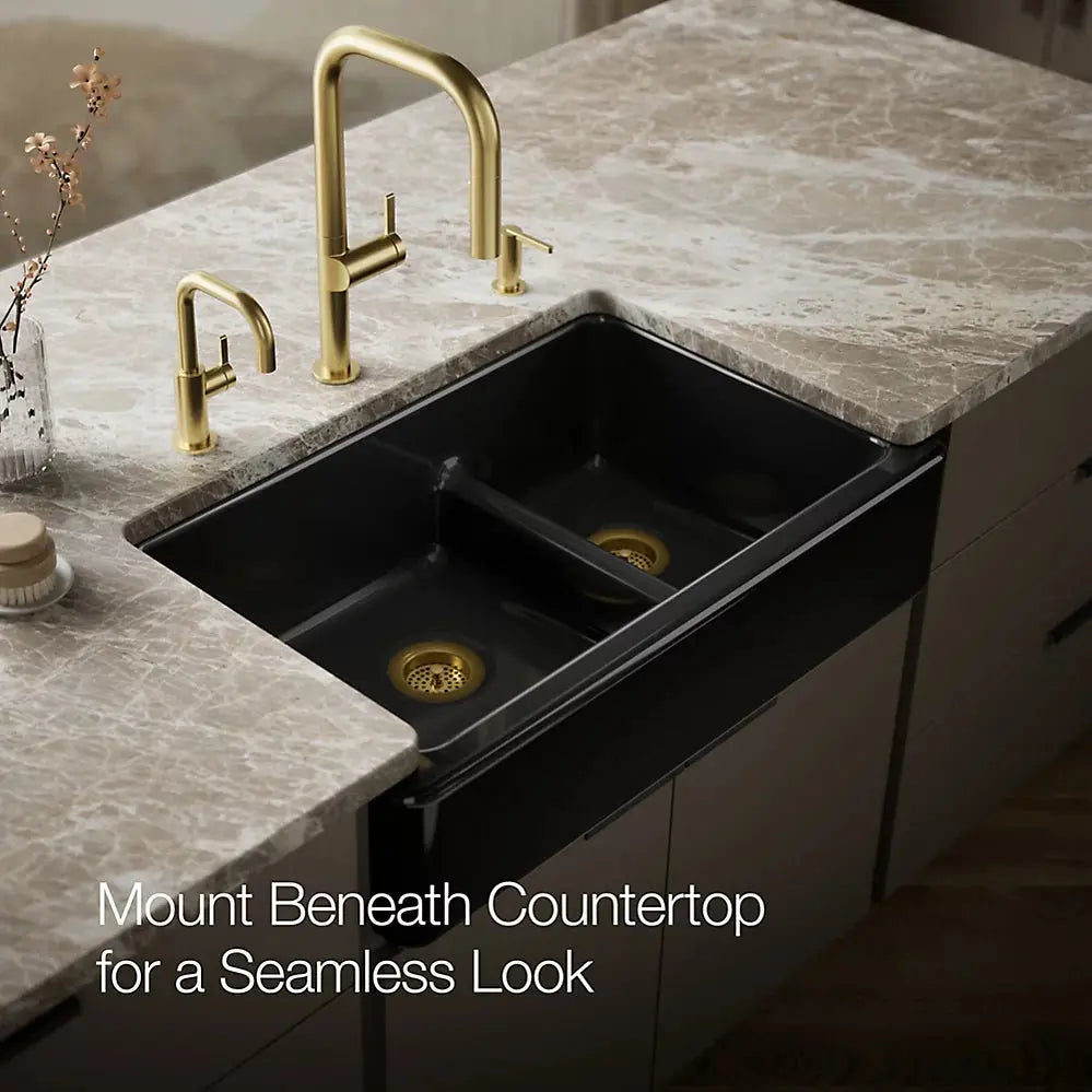 Kohler Whitehaven Smart Divide 35-3/4" undermount double-bowl farmhouse kitchen sink black - Plumbing Market