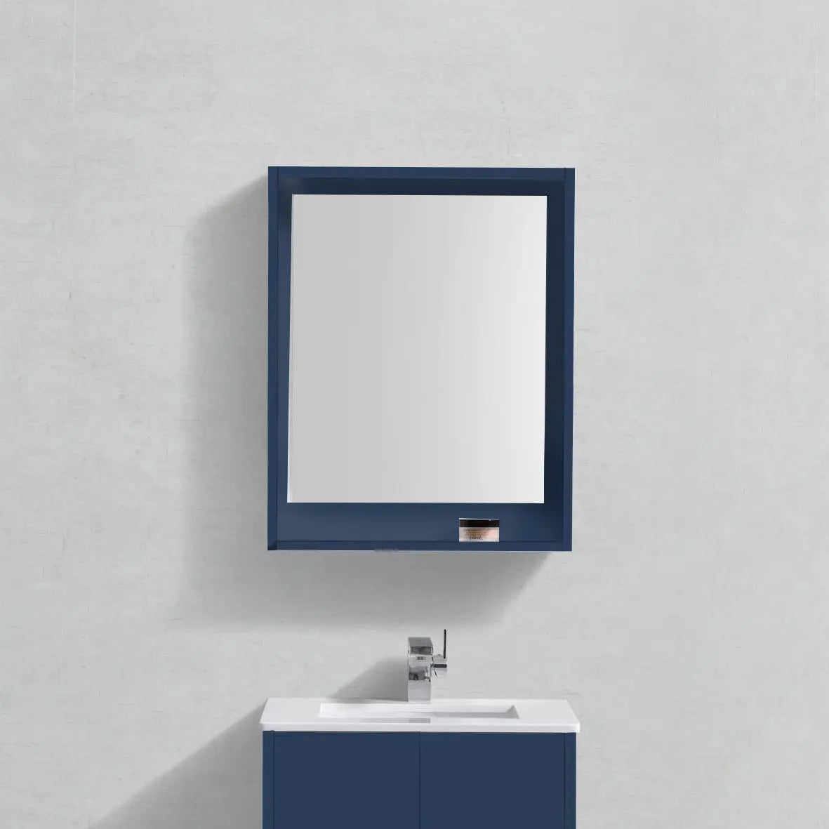 Kube Bath 24″ Wide Framed Mirror W/ Shelf – Gloss Blue - Plumbing Market