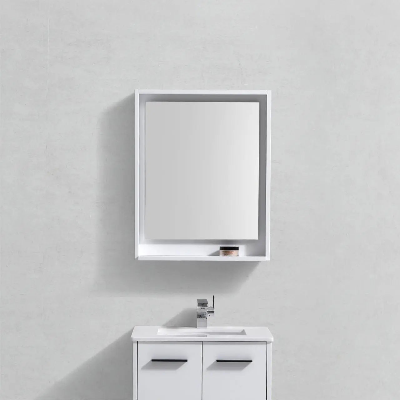 Kube Bath 24" Wide Framed Mirror With Shelf – High Gloss White - Plumbing Market