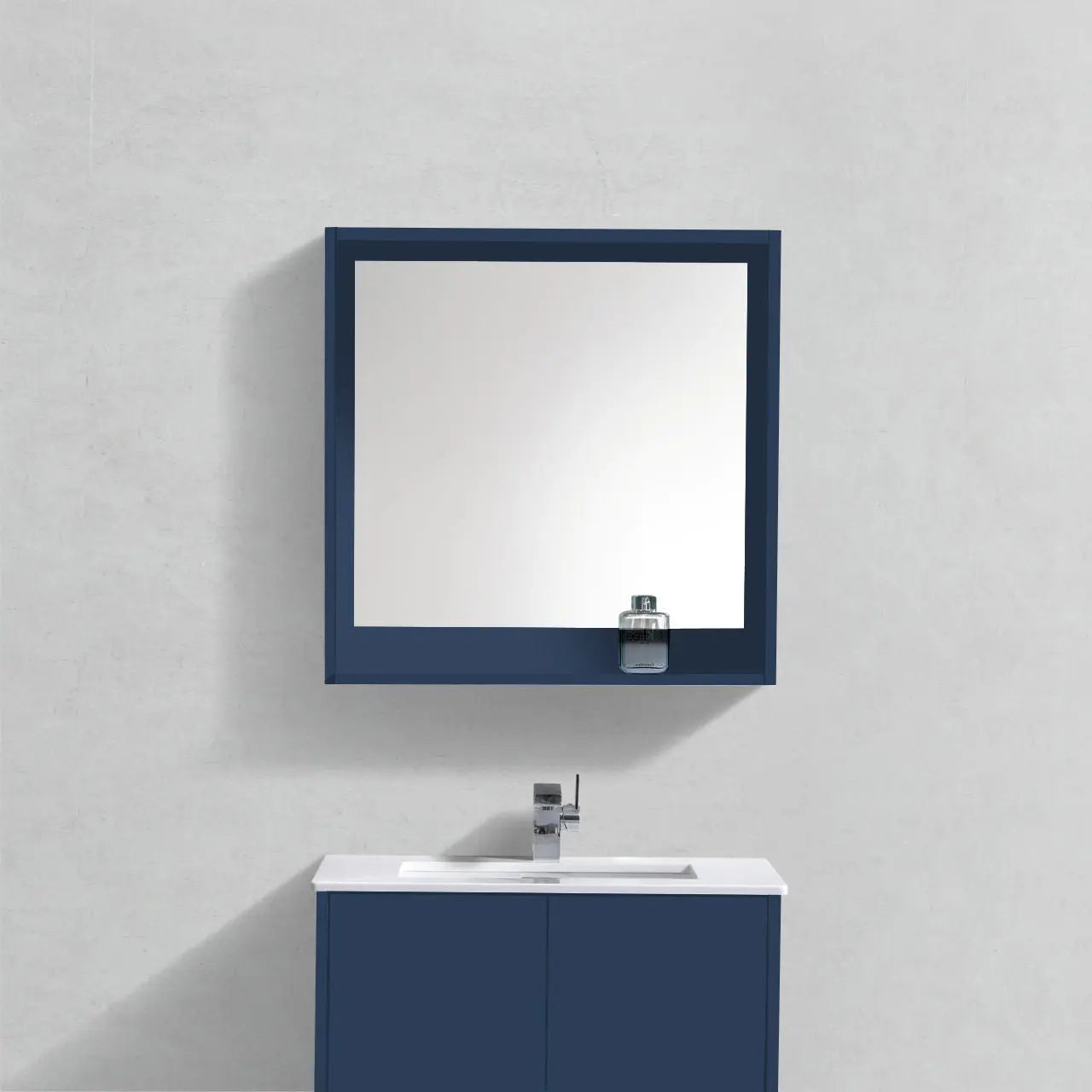 Kube Bath 30″ Wide Framed Mirror W/ Shelf – Gloss Blue - Plumbing Market