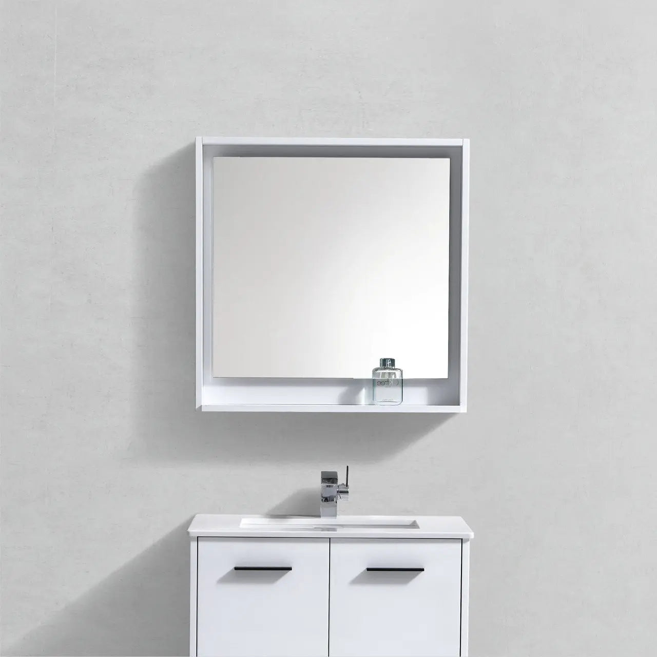 Kube Bath 30" Wide Framed Mirror With Shelf – High Gloss White - Plumbing Market