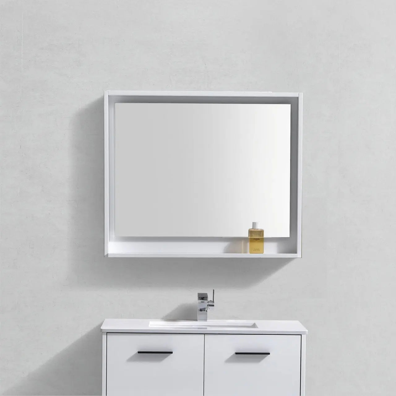 Kube Bath 36" Wide Framed Mirror With Shelf – High Gloss White - Plumbing Market