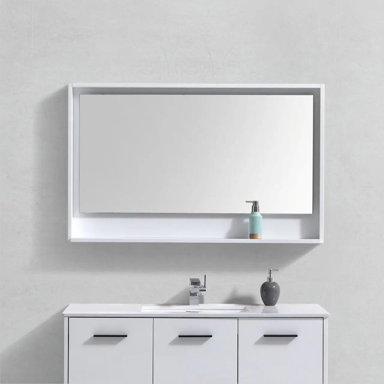 Kube Bath 48" Wide Framed Mirror With Shelf – High Gloss White - Plumbing Market