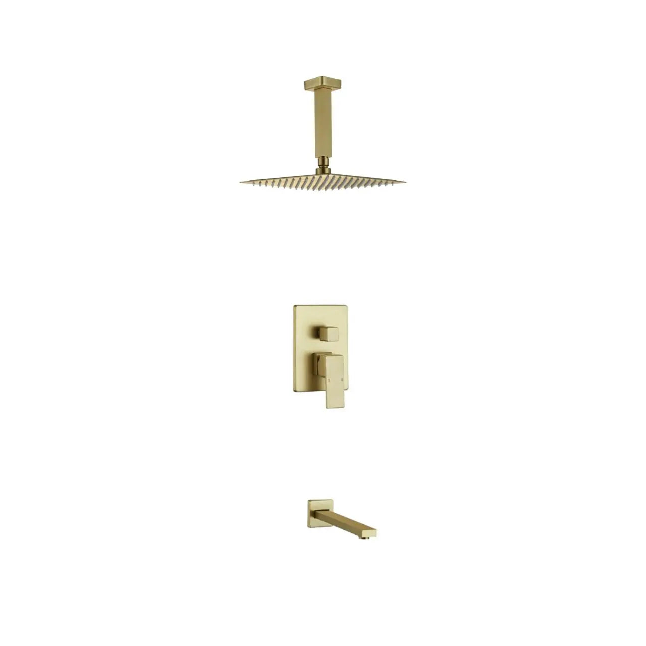 Kube Bath Aqua Piazza Brushed Gold Shower Set w/ 12" Ceiling Mount Square Rain Shower and Tub Filler