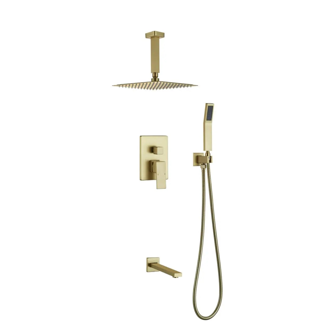 Kube Bath Aqua Piazza Brushed Gold Shower Set w/ 12" Ceiling Mount Square Rain Shower, Handheld and Tub Filler