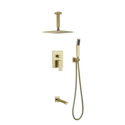 Kube Bath Aqua Piazza Brushed Gold Shower Set w/ 12" Ceiling Mount Square Rain Shower, Handheld and Tub Filler