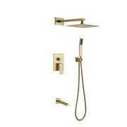 Kube Bath Aqua Piazza Brushed Gold Shower Set w/ 12″ Square Rain Shower, Tub Filler and Handheld