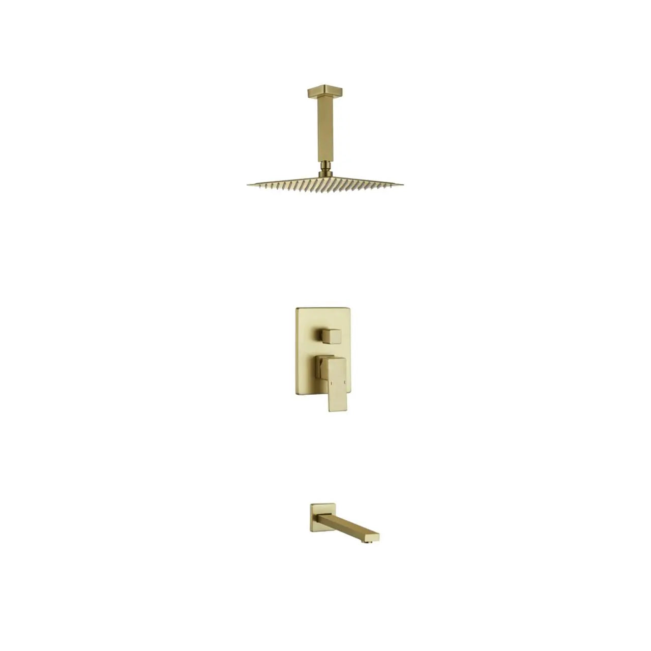 Kube Bath Aqua Piazza Brushed Gold Shower Set w/ 8″ Ceiling Mount Square Rain Shower and Tub Filler