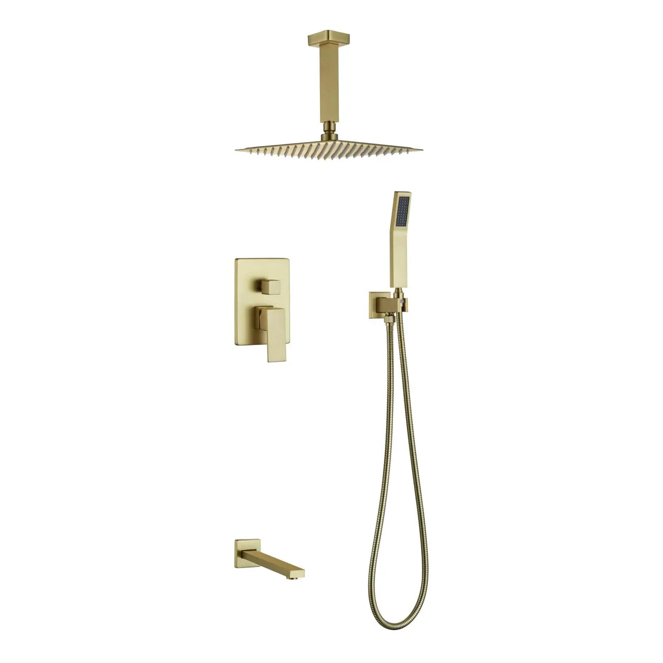 Kube Bath Aqua Piazza Brushed Gold Shower Set w/ 8″ Ceiling Mount Square Rain Shower, Handheld and Tub Filler