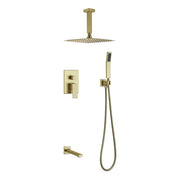 Kube Bath Aqua Piazza Brushed Gold Shower Set w/ 8″ Ceiling Mount Square Rain Shower, Handheld and Tub Filler