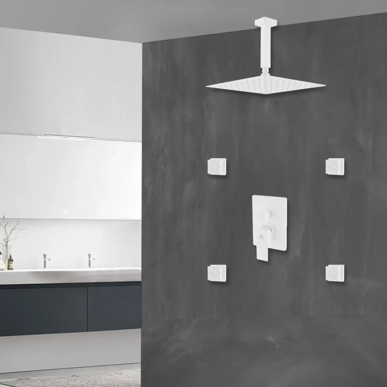 Kube Bath Aqua Piazza White Shower Set W/ 12" Ceiling Mount Square Rain Shower And 4 Body Jets - Plumbing Market
