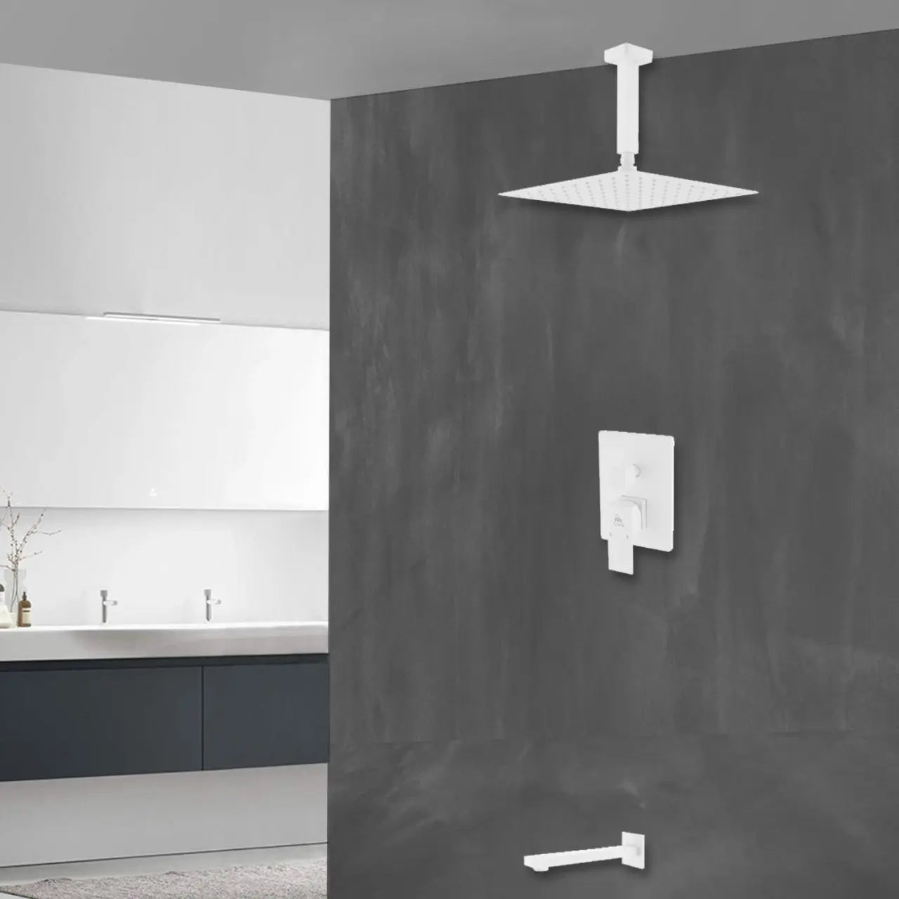 Kube Bath Aqua Piazza White Shower Set W/ 12" Ceiling Mount Square Rain Shower And Tub Filler - Plumbing Market