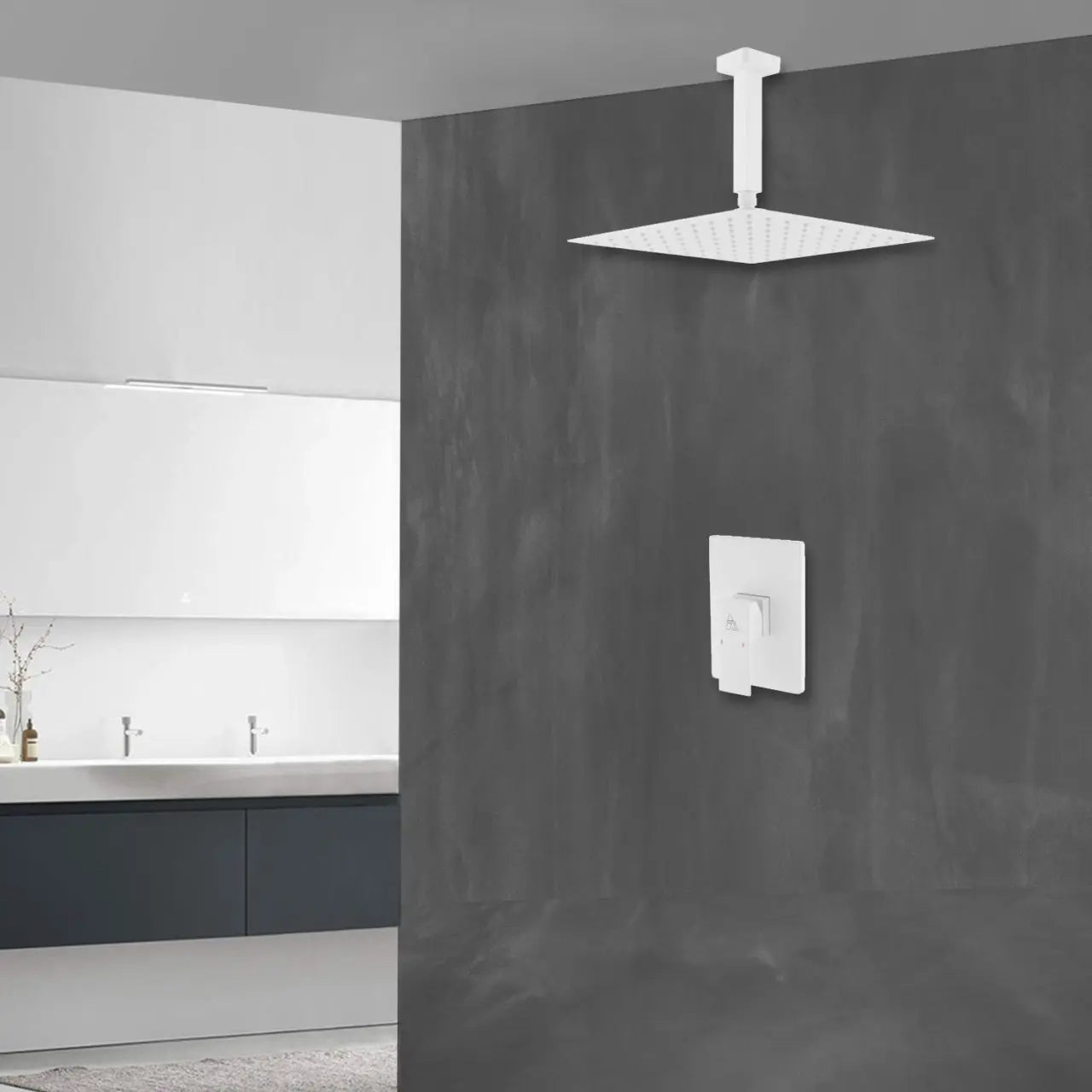 Kube Bath Aqua Piazza White Shower Set W/ 12" Ceiling Mount Square Rain Shower Head - Plumbing Market